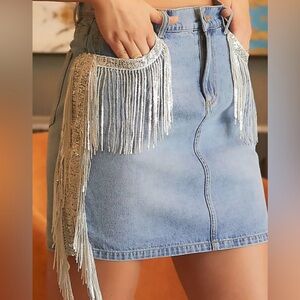 Main Strip Blue Denim Skirt with Silver Fringe